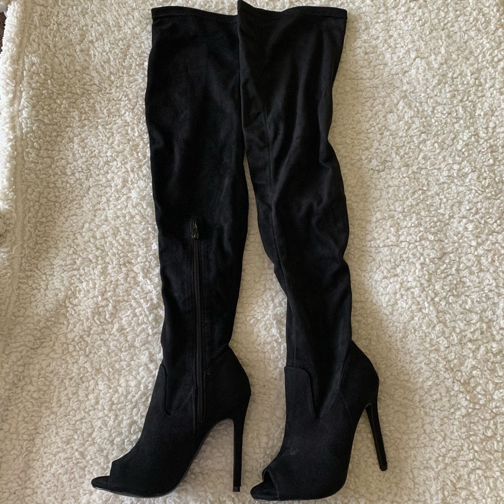 Olivia Lori Black Peep-Toe Over-the-Knee Boots